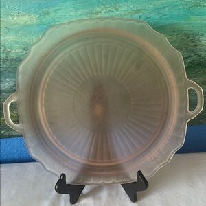 Vintage frosted pink depression glass cake plate Mayfair Open Rose pattern.